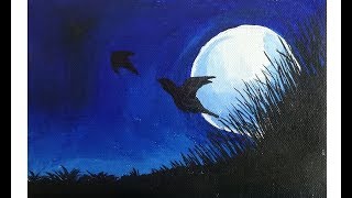 poster painting easy beginners moonlight night birds