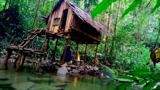 Bushcraft Rain, Build a Survival Shelter on a Flood-Proof River Route, Fishing and Cooking