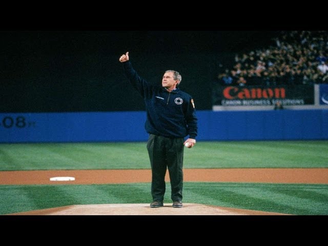 President Bush throws the first pitch of Game 3 of the 2001 World Series class=