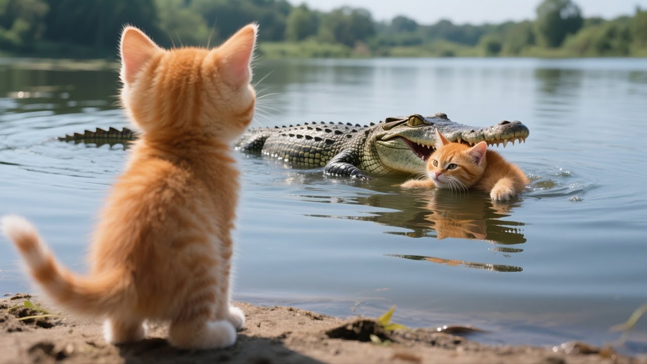 Mama Cat Eaten by a Crocodile – A Lion Raises Her Kitten! 🐊 🐾 