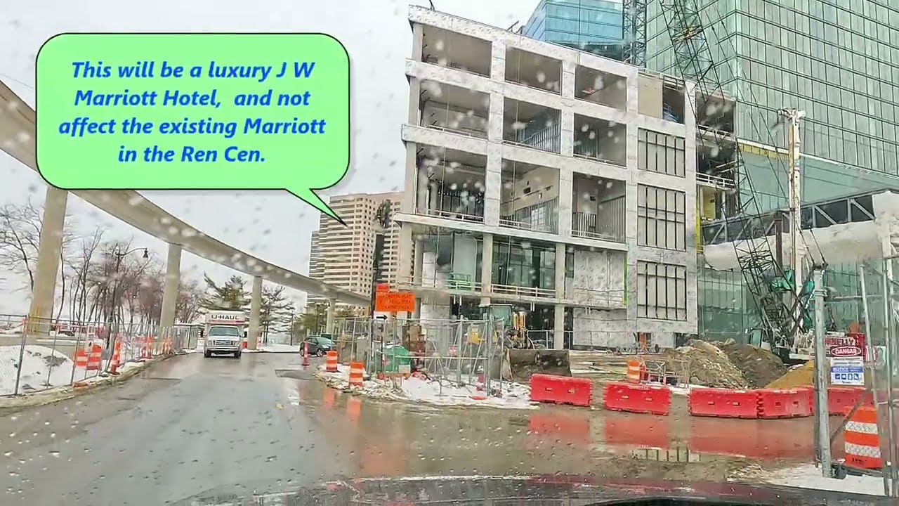 J W Marriott Hotel Construction February 2026 Update. Topped Off, Glass Added. Detroit River Frozen