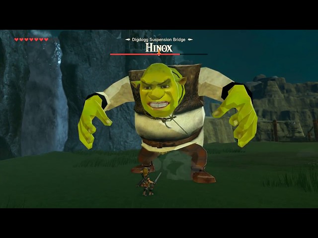 Link fighting against shrek at hyrule field in the legend of zelda