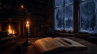 Dark Academia Library Night ☕ Fireplace & Blizzard Sounds for Deep Focus (2 Hours)