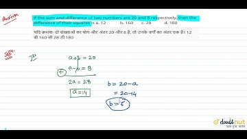 "If the sum and difference of two numbers are 20 and 8 respectively, then the difference of