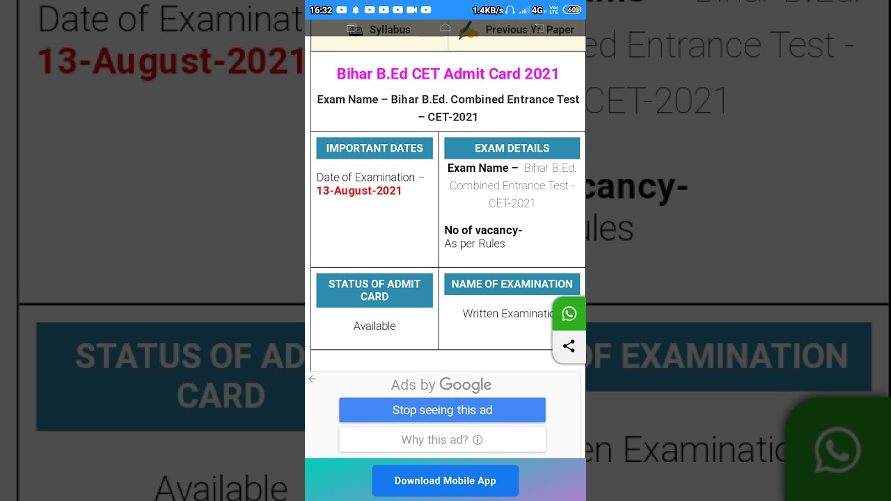 Bihar B.Ed CET Admit Card 2021Name – Bihar B.Ed. Combined Entrance Test – CET-2021