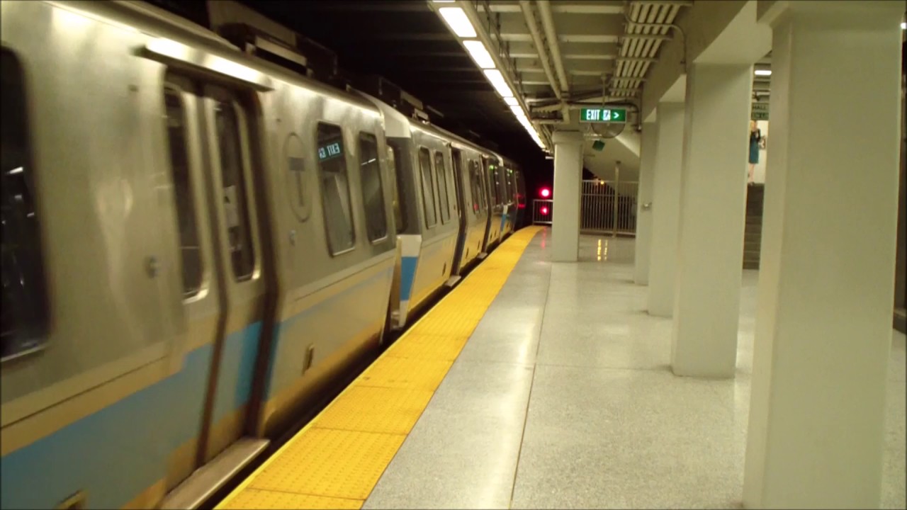 MBTA Boston T Blue Line Inbound Train Arriving At Government Center mbta-boston-t-blue-line-inbound-train-arriving-at-government-center