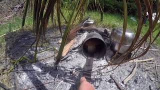 Bamboo Tripod, pot crane and coffee can oven.