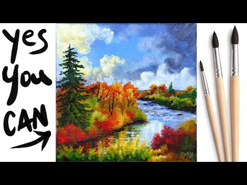 Easy How to paint  Autumn Landscape River Acrylic Tutorial Day 7 #AcrylicApril2021​​​ | TheArtSherpa