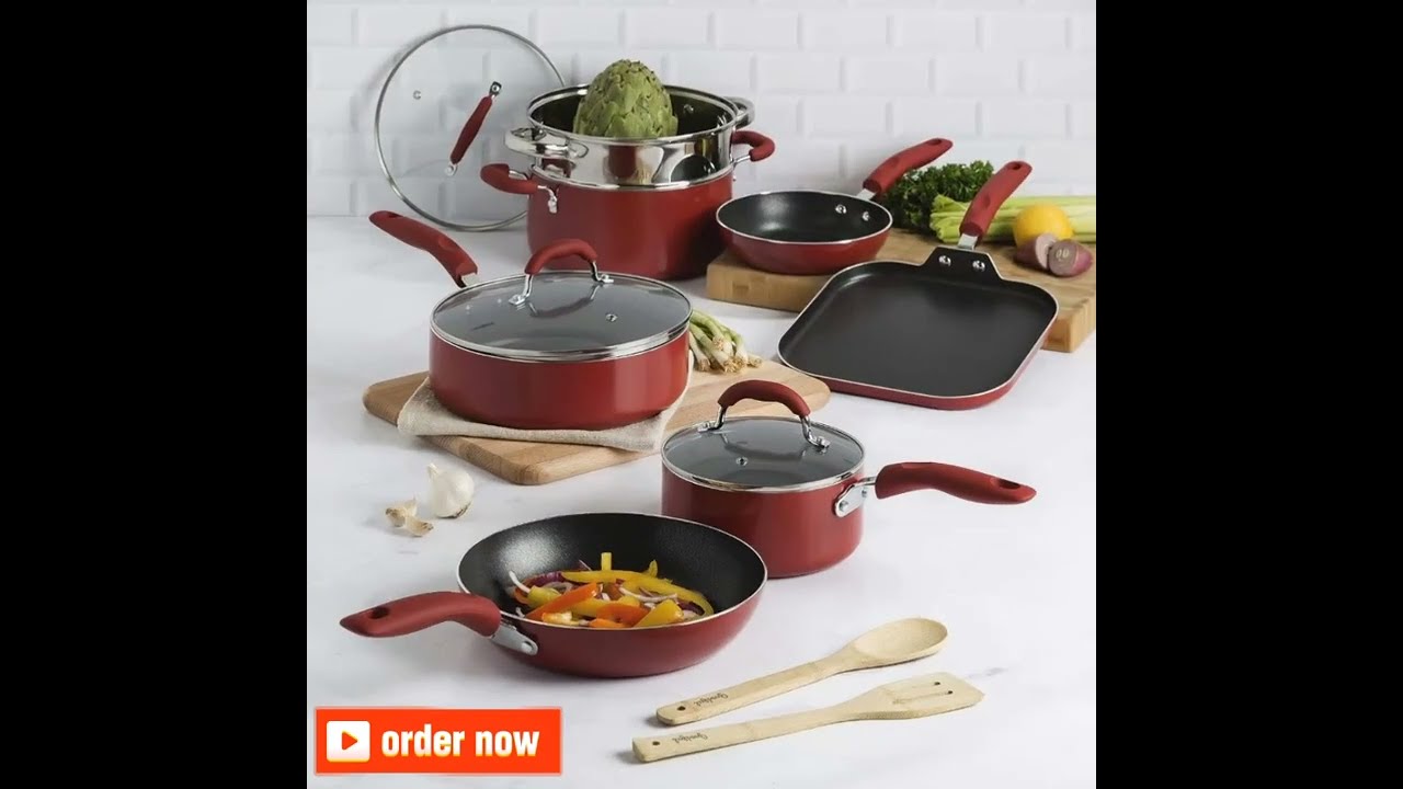 Cookware Set With Premium Non Stick Coating Dishwasher Safe Pots Pans Bamboo Cooking Utensils