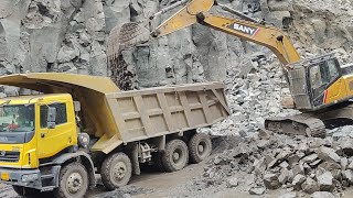 SANY machin 225 and working tata prima Loading track 😲 amazing video Excavator loding treck