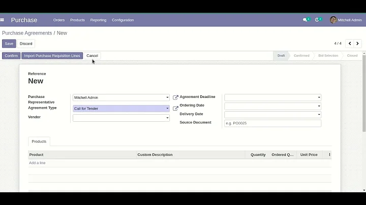 Import Purchase Requisition-Agreements From CSV-Excel file Odoo