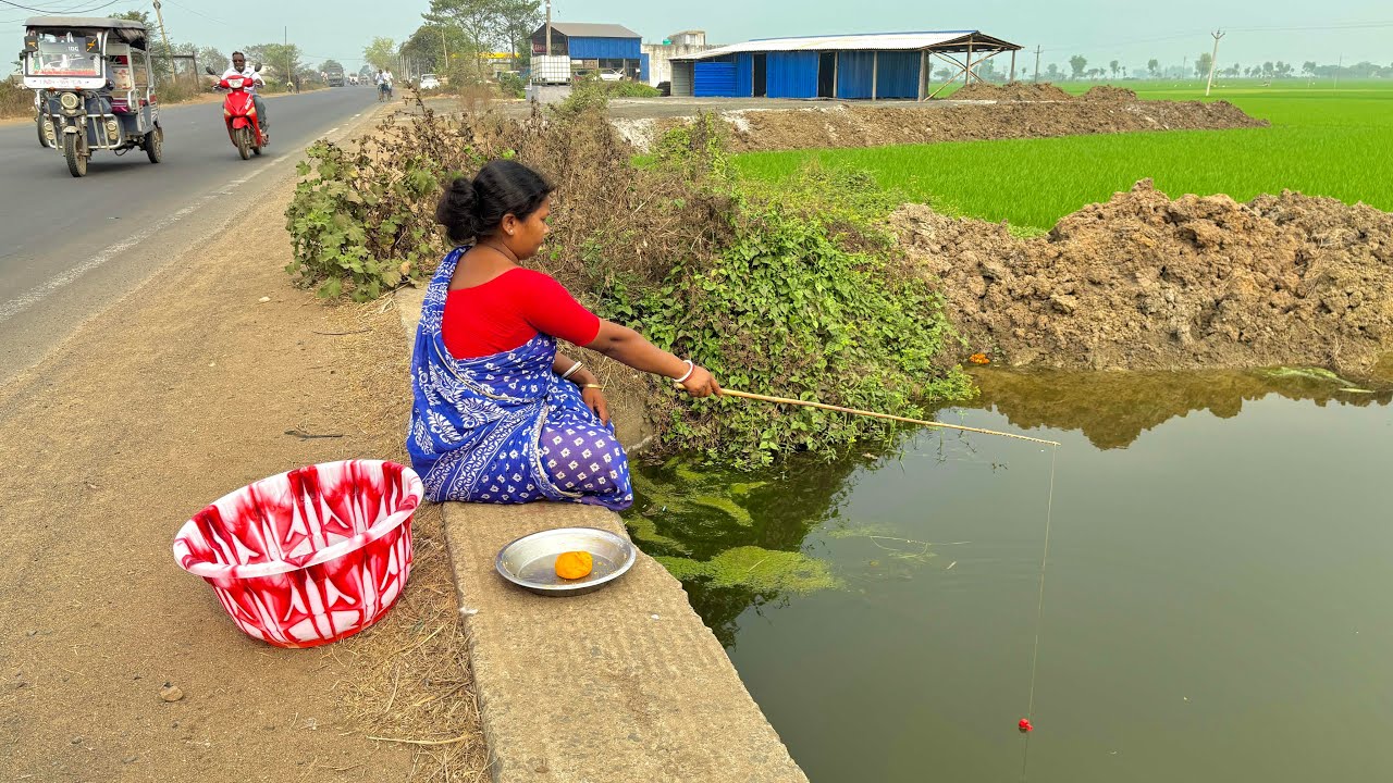 Fishing Video || Traditional lady fishing in the canal with a hook on the side of the national road