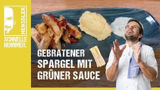 Schnelles Gebratener weißer Spargel mit Kartoffelpüree und grüner Sauce Rezept von Steffen Henssler