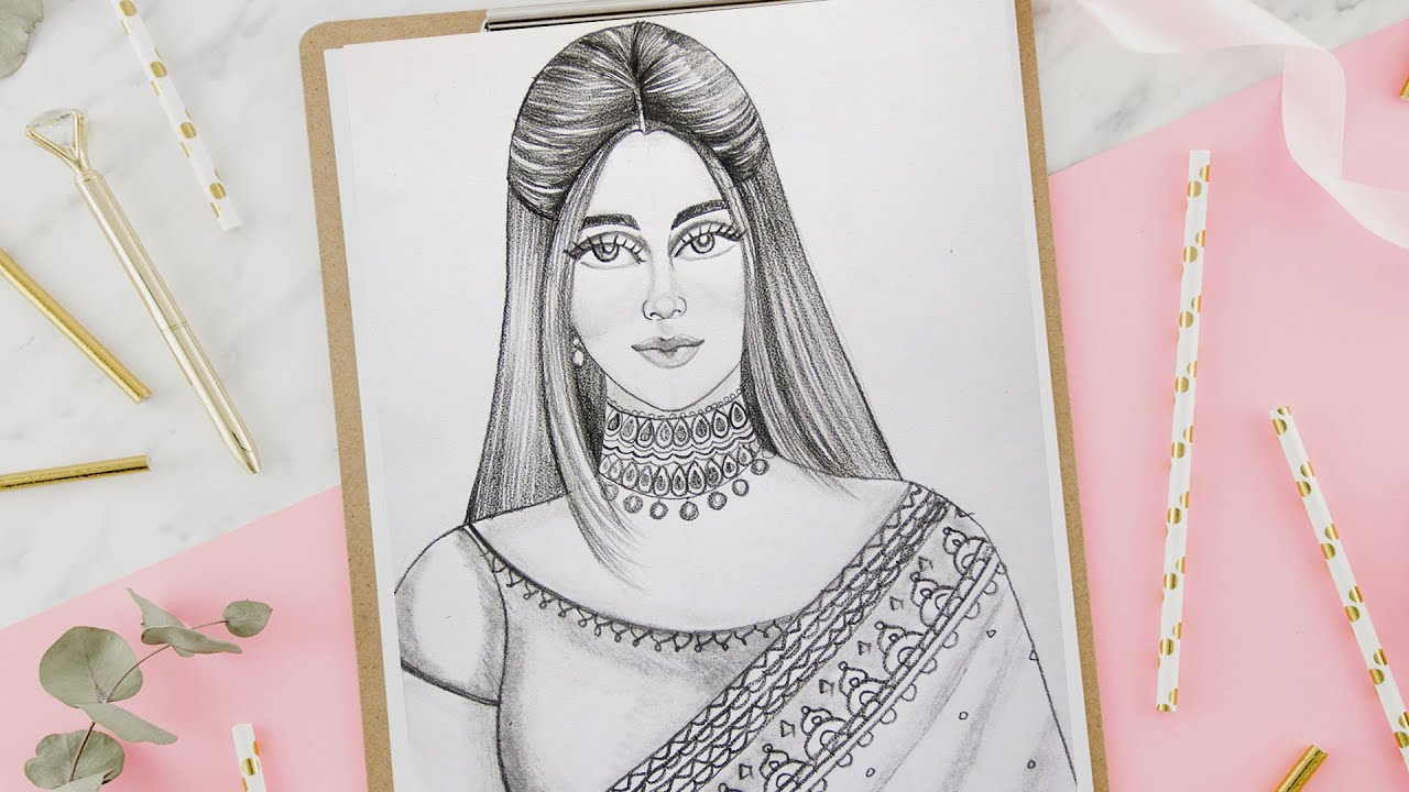 How to draw a Gorgeous Traditional Girl Very Easy | Saree Drawing ...