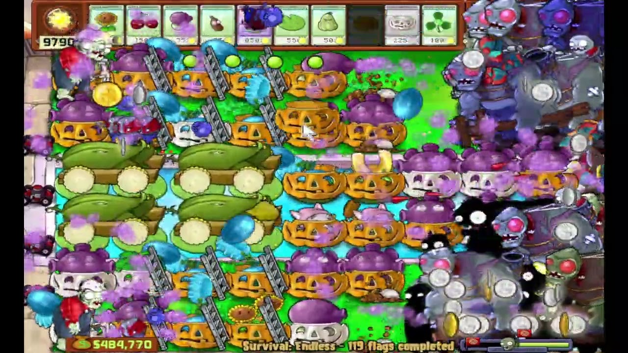 PVZ, Plants vs Zombies "endless survival" mode play through - wave 60, flag 120