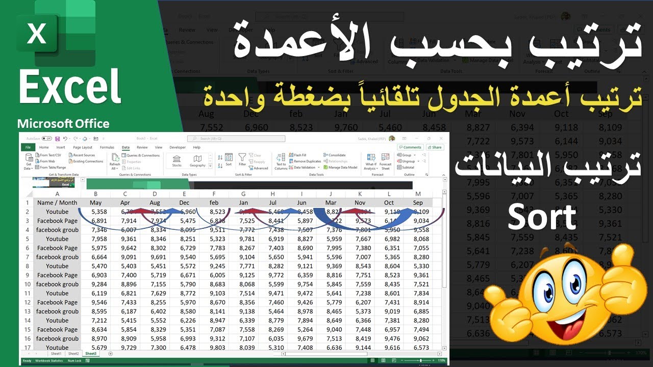 ترتيب البيانات Sort | ترتيب أعمدة الجدول تلقائياً بضغطة واحدة في برنامج الإكسيل