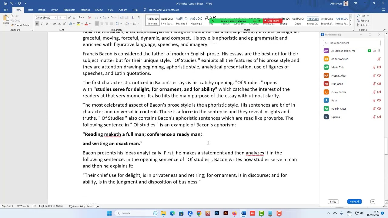 Bacon's Prose Style, Live class  | Cloud School Pro | CSP | English