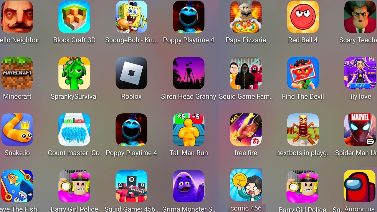 Roblox,Squid Game Family,Papa Pizza's Pizzeria!,Grimace Monster,Poppy Playtime 4,SpongeBob Krusty...