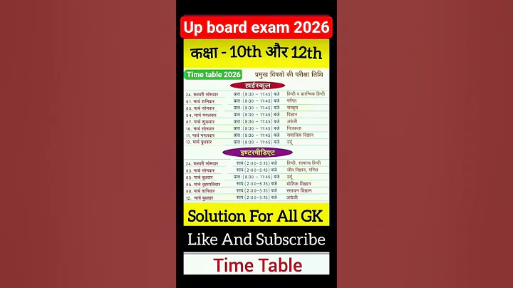 Up Board Exam's 2026 Class 10th And Class 12th Time table up board exam 2026 #upboard #boardexam