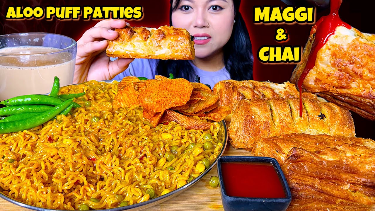 EATING 🔥MASALA MAGGI, ALOO PUFF PATTIES & CHAI | ASMR MUKBANG