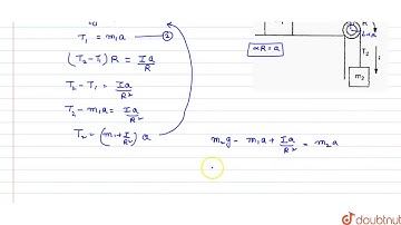 Two blocks are connected by a string that passes over a pulley of radius `R` and moment of inertia