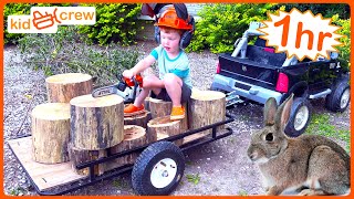 Farm work compilation with kids toy truck, tractor, chainsaw, ATV, ride on, tools | Educational screenshot 2