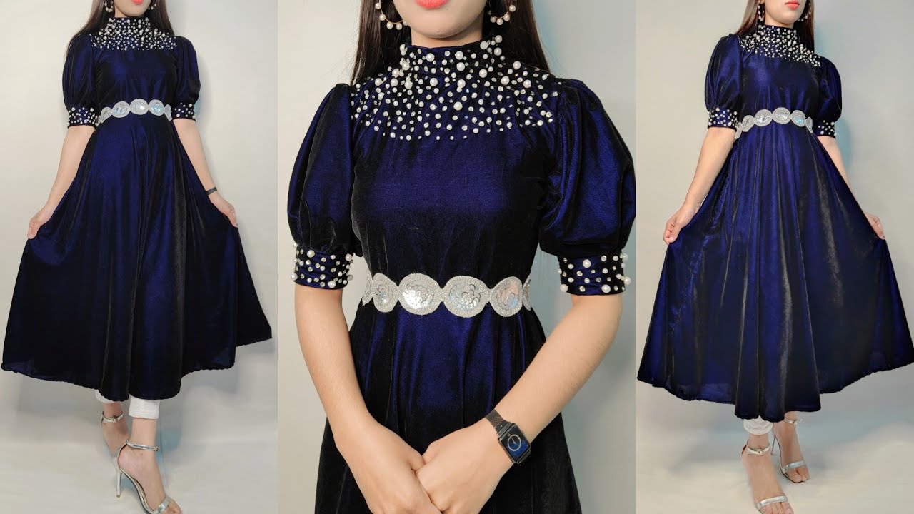 Beautiful velvet dress for girls/neck embroidery /party wear frock