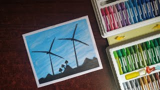 Drawing Windmill Scenery With Oil Pastels for Beginners l #oilpasteldrawing-11 l Moon Art World