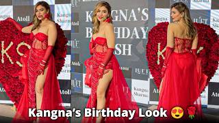 Glamorous Kangna Sharma Makes A Sizzling Entry In A Rosy Red Gown At Her Birthday Bash