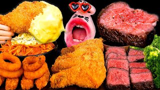 Beef Steak & Chicken & Tomato Pasta & Onion Rings! ASMR Mukbang Eating Show!