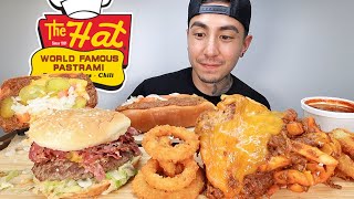 MUKBANG EATING Chilli Cheese Fries, Pastrami Burger, Chilli Cheese Hot Dog, Onion Rings From The Hat