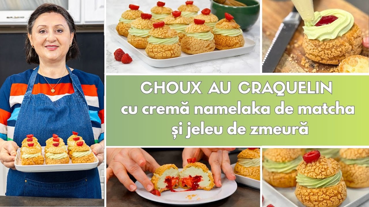 Choux au craquelin cu namelaka de matcha și zmeură - Laura Laurențiu