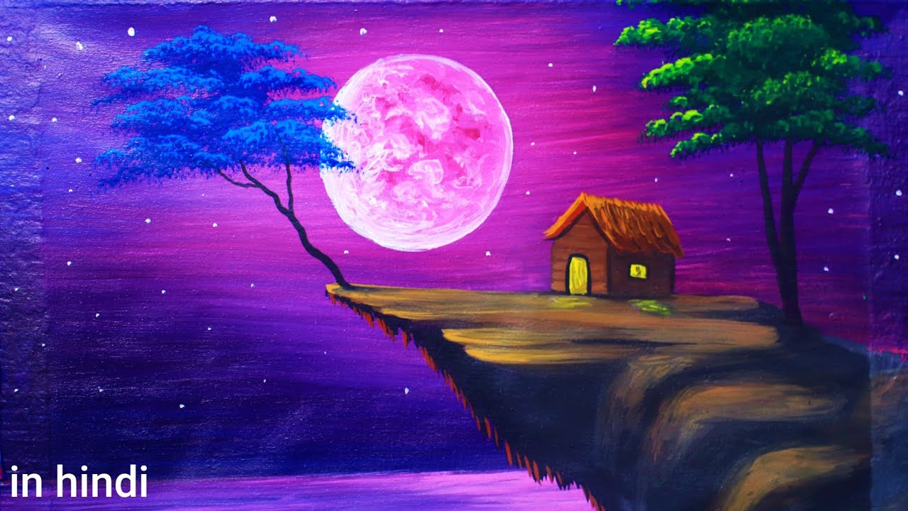 Pink Moonlight night scenery drawing painting | Moonlight painting ...