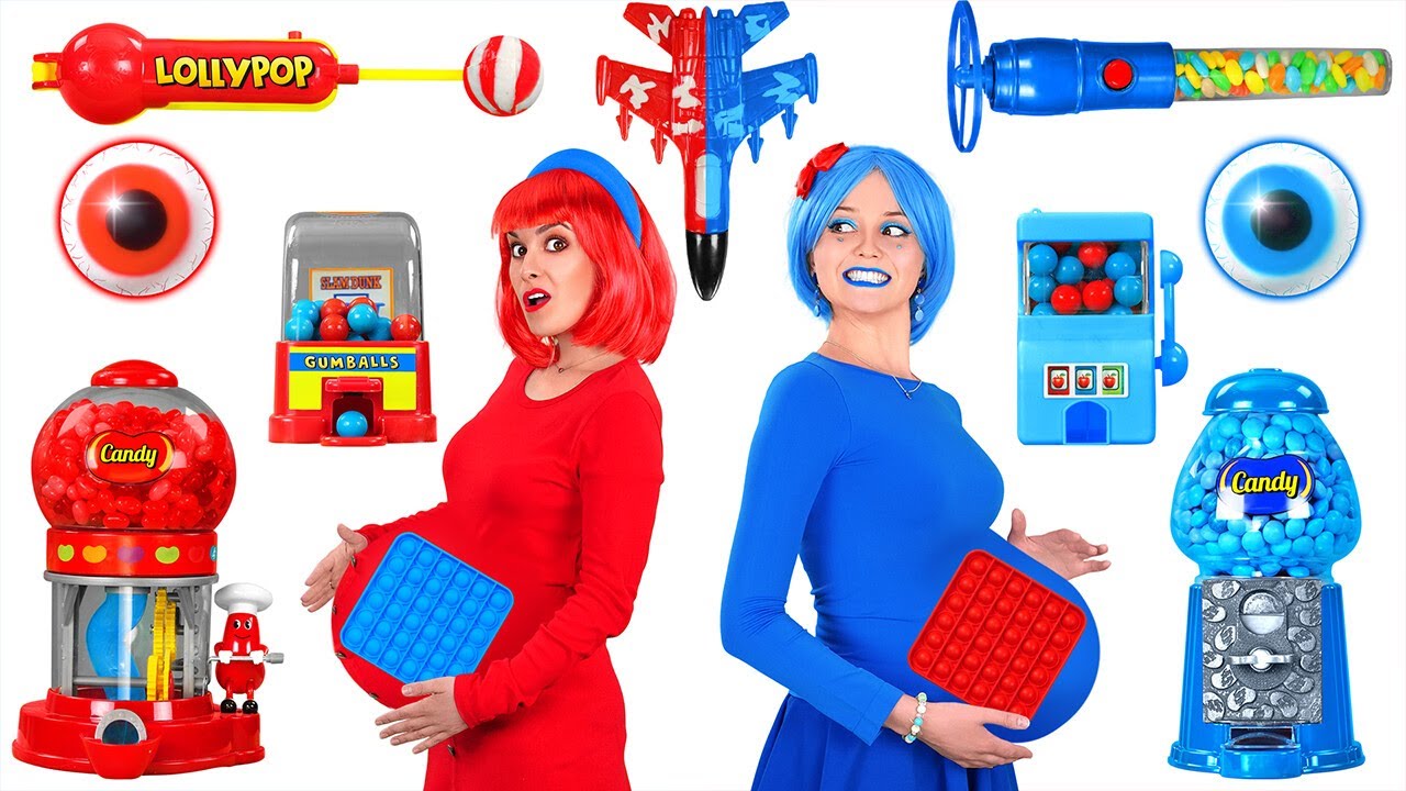 POP IT! RED VS BLUE COLOR FOOD CHALLENGE || Last To STOP Eating! 24 Hours Pregnant By 123GO! TRENDS