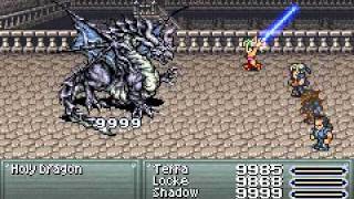 Final Fantasy VI Advance - Holy dragon boss fight
Easy way - just watch the video.
Hard way - Youll get text saying that the Holy Dragon is getting heavenly aid. I guess
we have to be evil people then, huh? Anyway, it has an auto-Regan, and every
attack you do he counters with Curaga on itself. That heals about 6500 damage,
so you must do more than that per hit, or else you wont be able to beat him.
I suggest using the Soul of Thamasa and that Celestriad you have (unless you
have one equipped already) to spam out Quick-Ultima-4 Ultimas. That should
guarantee five 9999 hits. You can also cast Reflect on the Dragon to nullify
the Curaga. Ultima cuts through Reflect, so you dont have to worry about it
back-firing on you.
His normal attack hits for around 1000 damage. He has an attack called Saintly
Beam that does around 1000 damage to everyone. He has an attack called
Heavenly Wrath that is an instant kill. Thats not what you need to worry
about though. What you need to worry about is his Heartless Angel attack.
That reduces your entire partys HP to 1. If he uses that then Saintly Beam,
its game over. If he uses Heartless Angel before Quick spell is cast, use the
first one to heal with Curaga, then attack. With a little luck youll kill him
quickly.
Youll get the Zanmato for your troubles. Final Fantasy VI Advance - Holy dragon boss fight