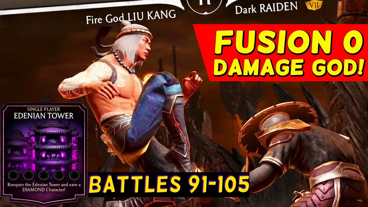 MK Mobile. Fire God Liu Kang is a DAMAGE GOD at Fusion 0! Edenian Tower Battles 91-105 Gameplay.