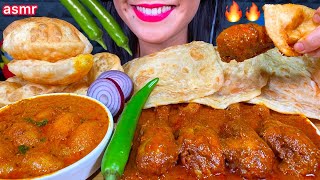 ASMR SPICY CHICKEN CURRY + PARATHA, DUM ALOO + PURI, CHILI MUKBANG MASSIVE Eating Sounds