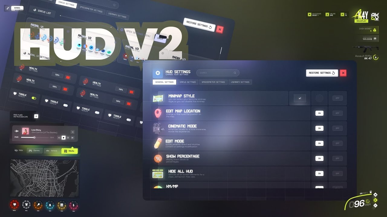 FiveM HUD V2 | 10 статусов - 13 стилей спидометра ~ Настройка/редактирование местоположения на ми...