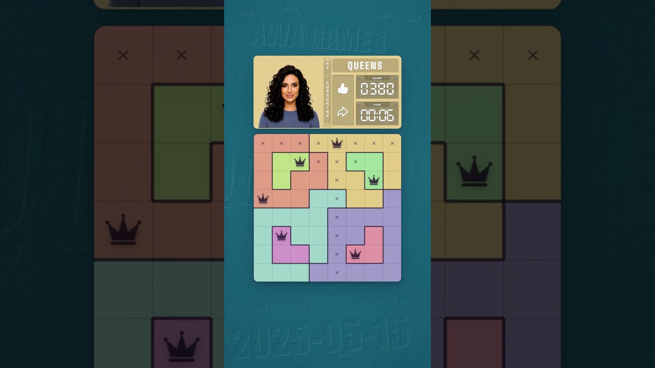 LinkedIn Queens #380 solved board for May 15, 2025, 8x8 grid