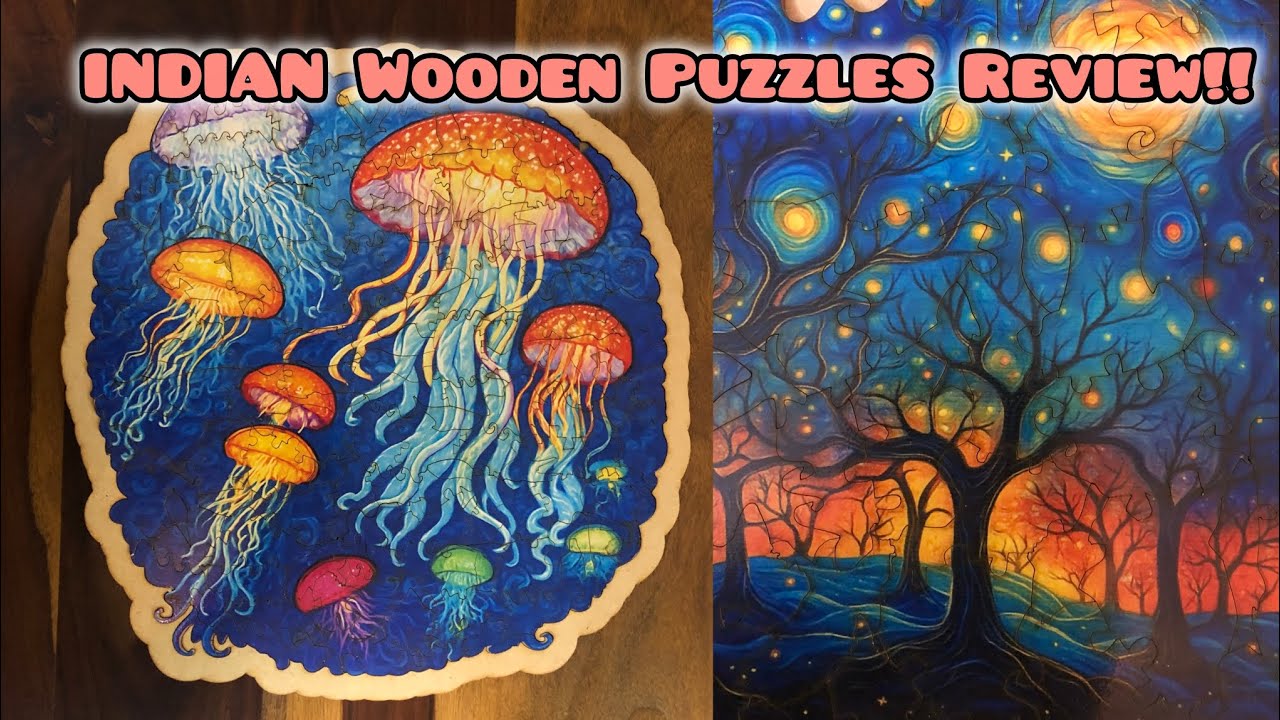Wooden Puzzle 🧩 Jellyfish Artwork and Starry Night-style painting