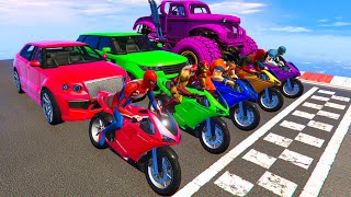 Motorcycles Bicycles ATV Car with Spiderman and Heroes! Parkour Challenge on the Mega Ramp GTA 5 MOD
