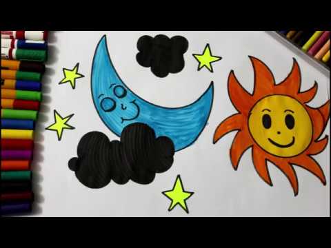 How To Draw Sun Moon Stars And Clouds In The Sky For Kids In Coloring Pages Youtube