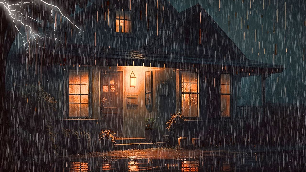 Tormenta de lluvia y truenos en el techo por la noche, El sonido de la ...