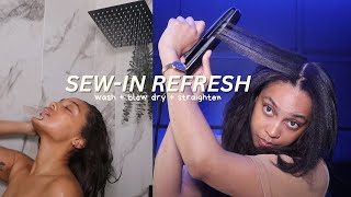 Sew-in with leave out maintenance How I Refresh at home | wash sew in +blend and flat iron leave out