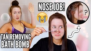 TESTING WEIRD BEAUTY PRODUCTS... Giving Myself A Nose Job!? Tan Removing Bath Bomb!? + More!