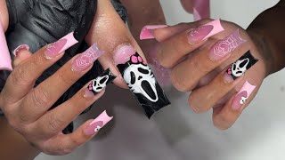 Work with me Pre making a sticker + pink halloween acrylic nails, hello kitty ghostface 💓👻