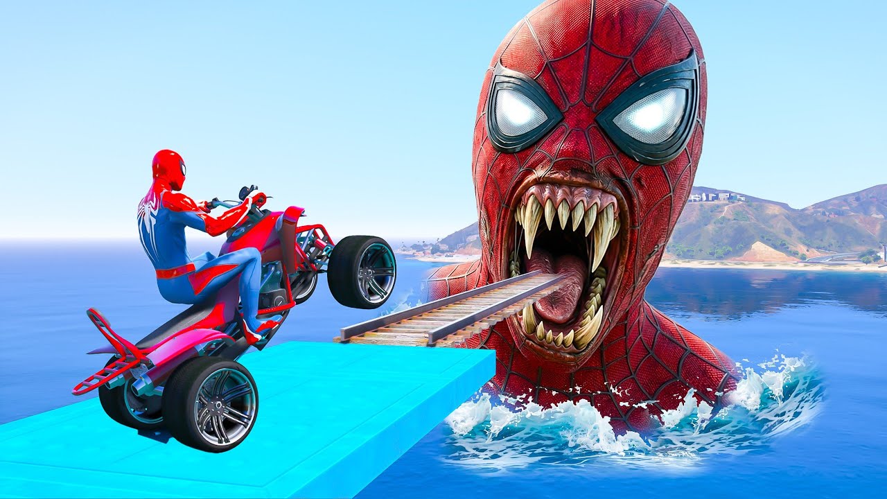 SPIDER MAN! 🏍️on Motorcycle in Spiral Bridge Stunt Ride Superheroes on ...