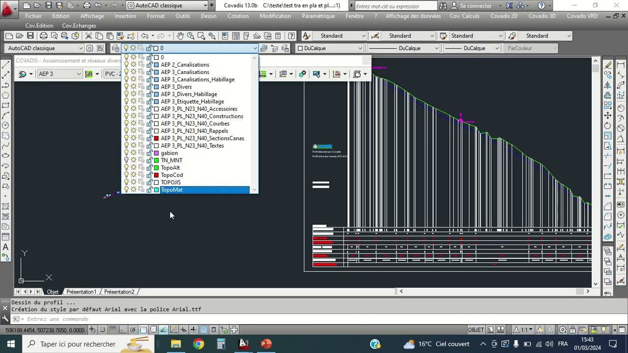 TRACE EN PLAN ET PROFIL EN LONG D'UNE CONDUITE DE AEP SUR COVADUS