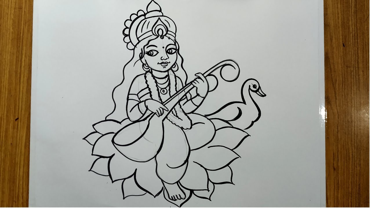 how to draw saraswati devi,maa saraswati drawing with oil pastel color, saraswati thakur drawing , - YouTube