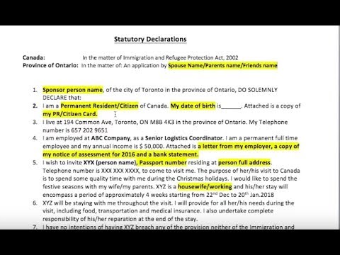 Statutory Declaration Canada Sample Letter For Canada Visa Youtube